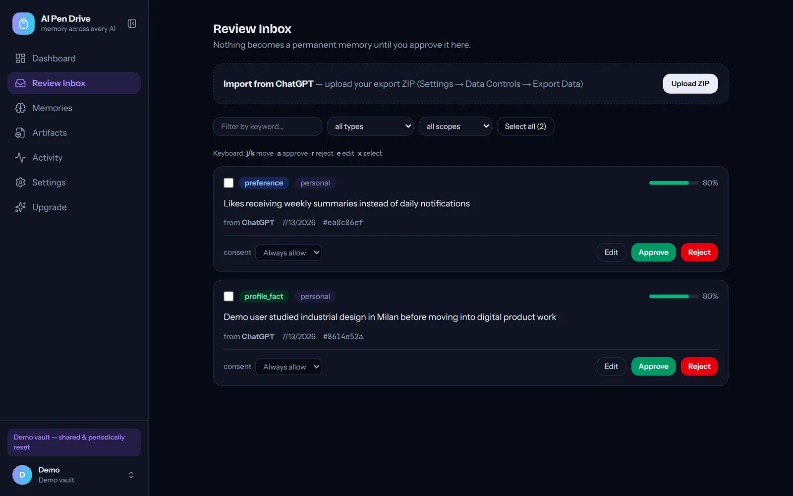 The Review Inbox with two pending memories awaiting approval, each showing its source AI and provenance hash